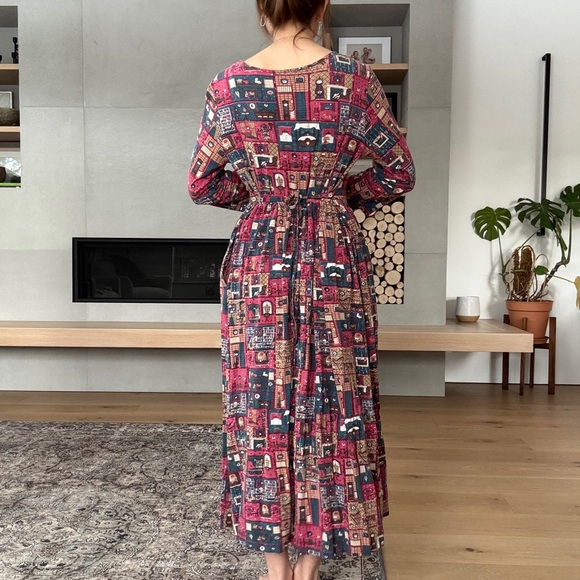 April Cornell Burgundy Patchwork Print Long Sleeve Maxi Dress - Picture 5 of 17